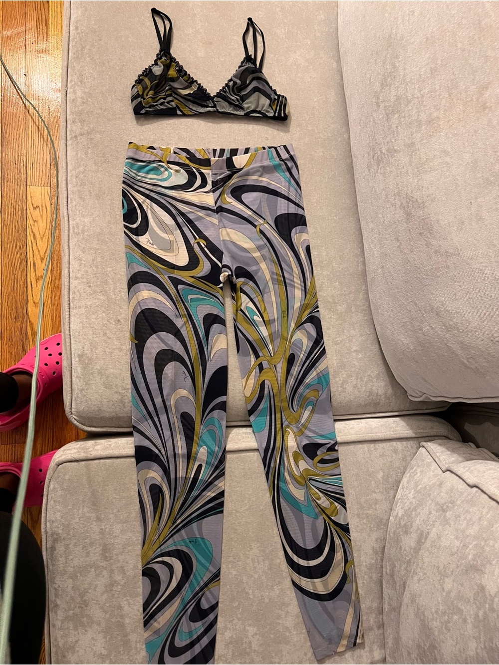 Emilio Pucci Swirl Onde Print tights and bralette — Navy, Teal, green, white
